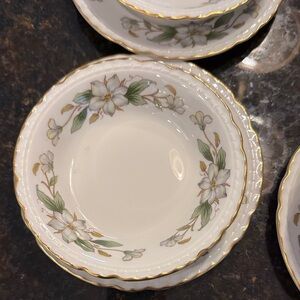 Dogwood by Embassy USA. Elegant Floral Rimmed Bowls with Gold Trim and plates